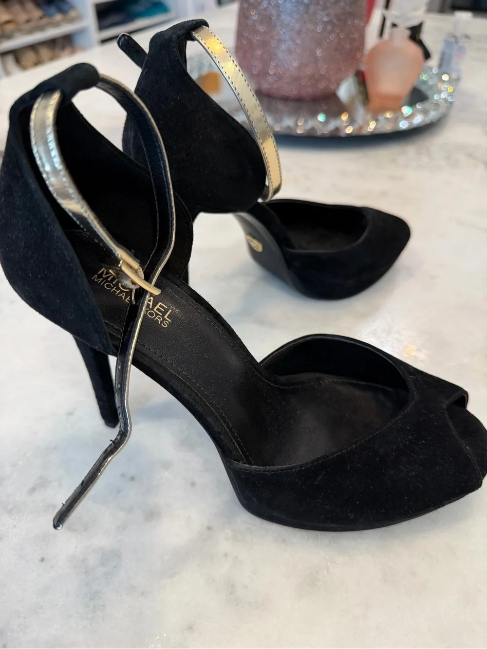 Michael Kors Black Suede Peep-Toe Heels with Gold Ankle Strap 6.5